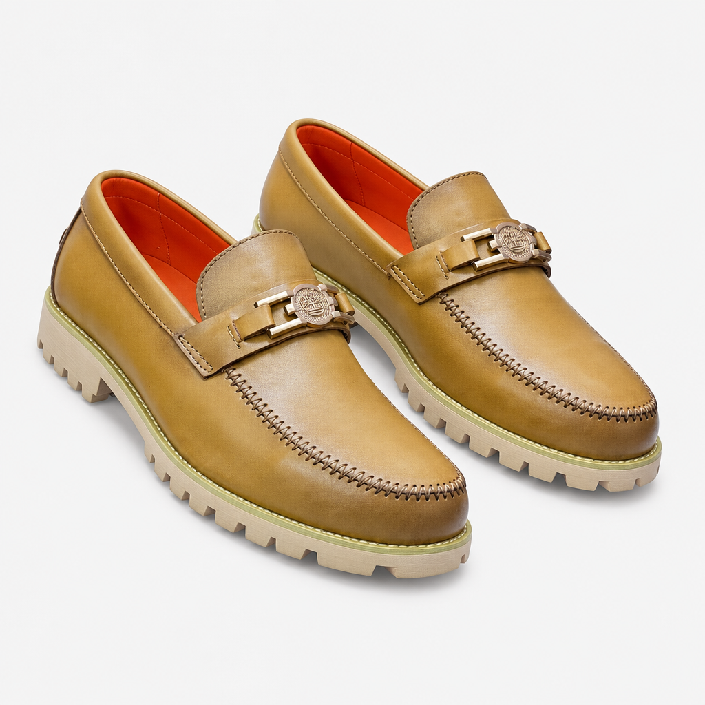 Tan men's metal-detail penny loafers shown as a complete pair