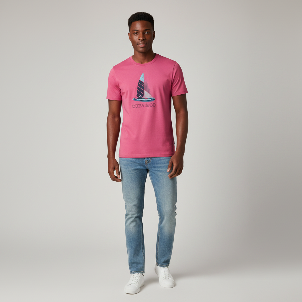 Young Nigerian male wearing vibrant hot pink sailboat graphic crew neck tee