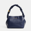 Navy blue handbag with thick braided top handle and gold-tone details