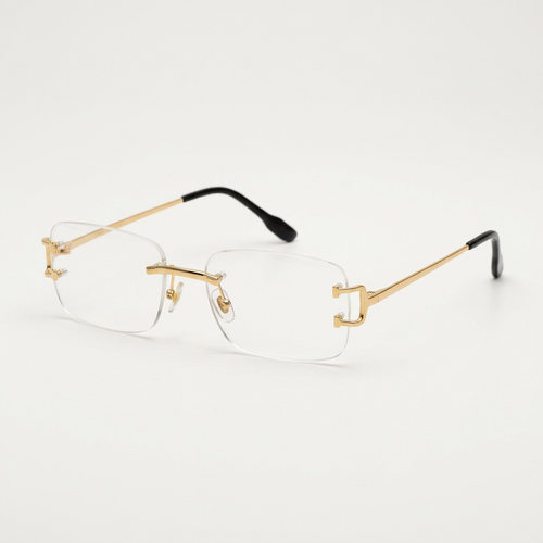 AI-edited clear rimless rectangular gold-tone fashion eyeglasses