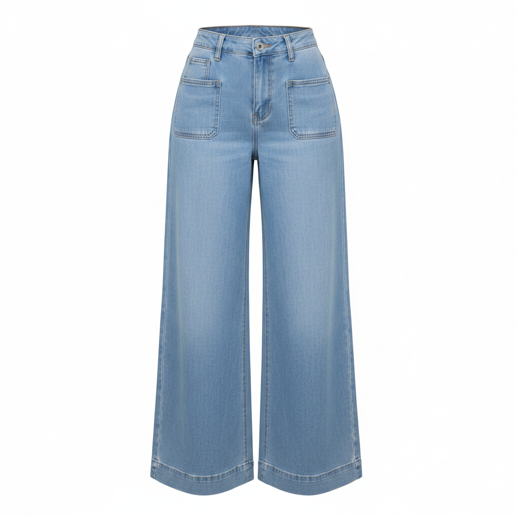 Women's light blue high-waist extra wide-leg palazzo denim jeans on ghost mannequin, white background