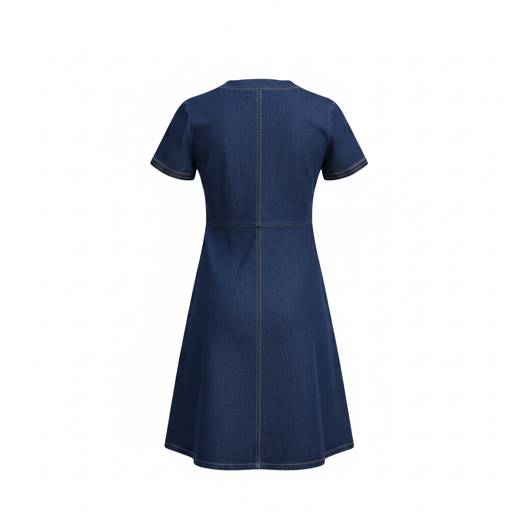 Dark Blue Denim V-Notch Mini Dress – Back Ghost Mannequin