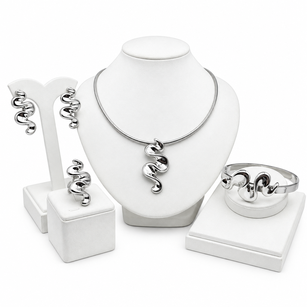 Silver sculpted wave 4-piece jewelry set with necklace, earrings, ring and bangle