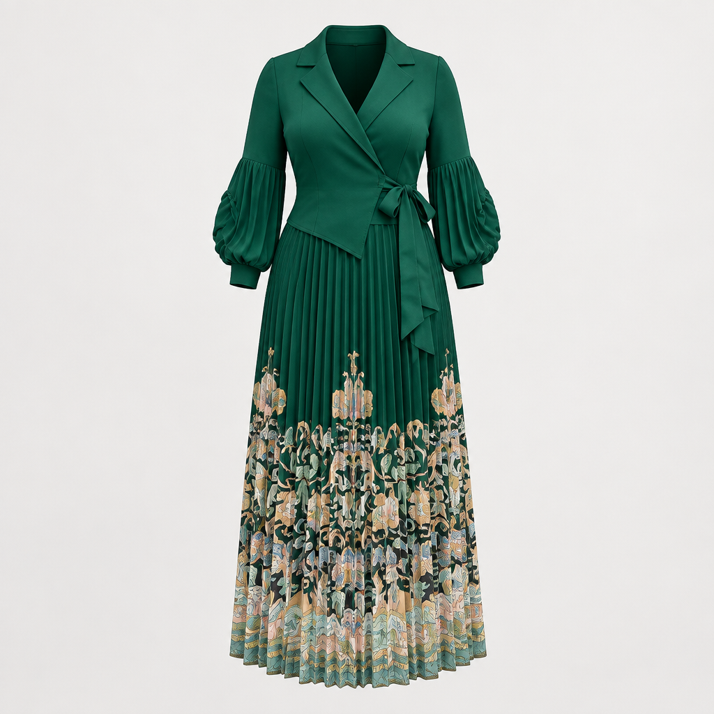 Emerald-green pleated dress with patterned hem on invisible mannequin