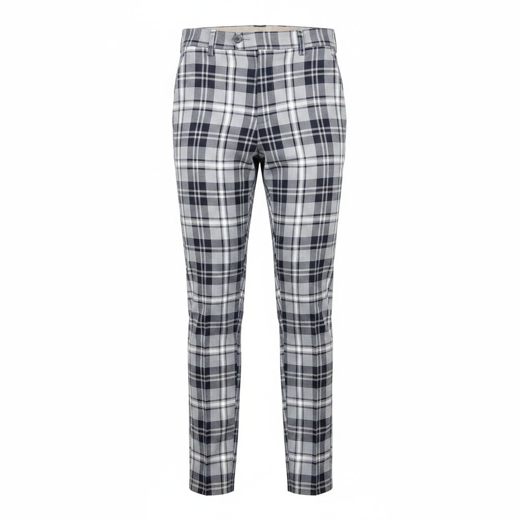 Light Grey Navy Tartan Trousers – Front Ghost Mannequin