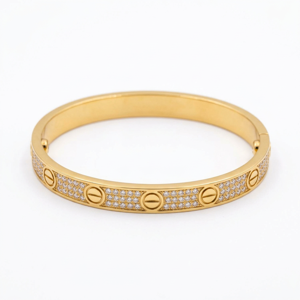 Gold-tone stone-set screw-motif bracelet on white