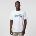 Model wearing the white blue script graphic t-shirt
