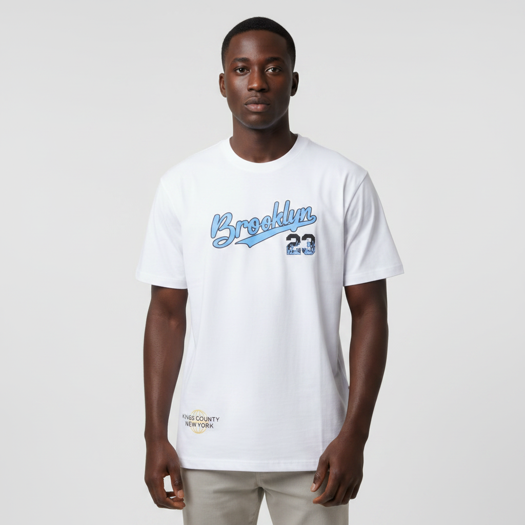 Model wearing the white blue script graphic t-shirt