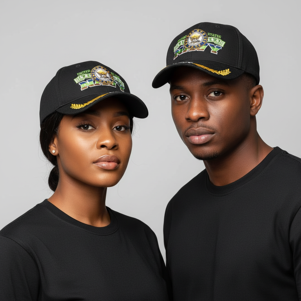 Nigerian male and female models wearing black military badge embroidered cap