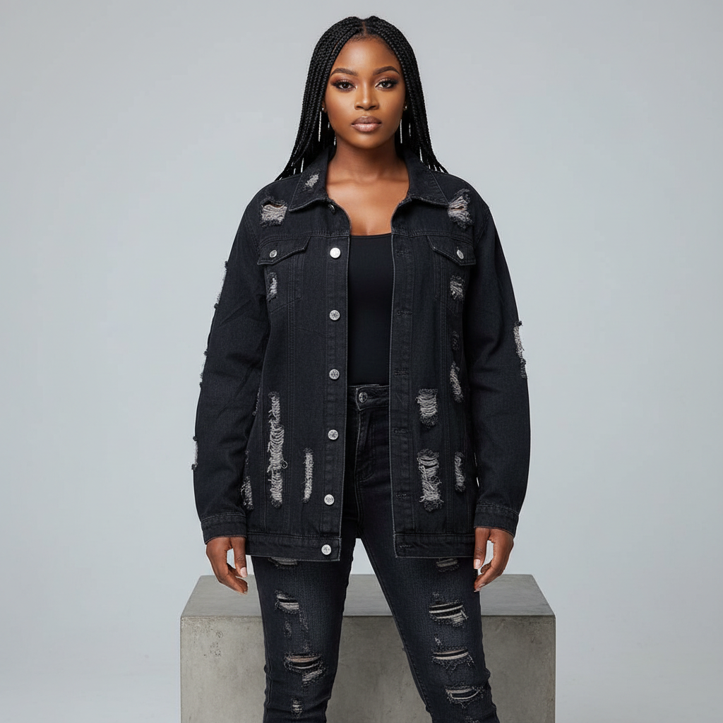 Black Distressed Denim Trucker Jacket - Model Front