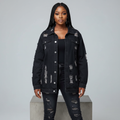 Black Distressed Denim Trucker Jacket - Model Front