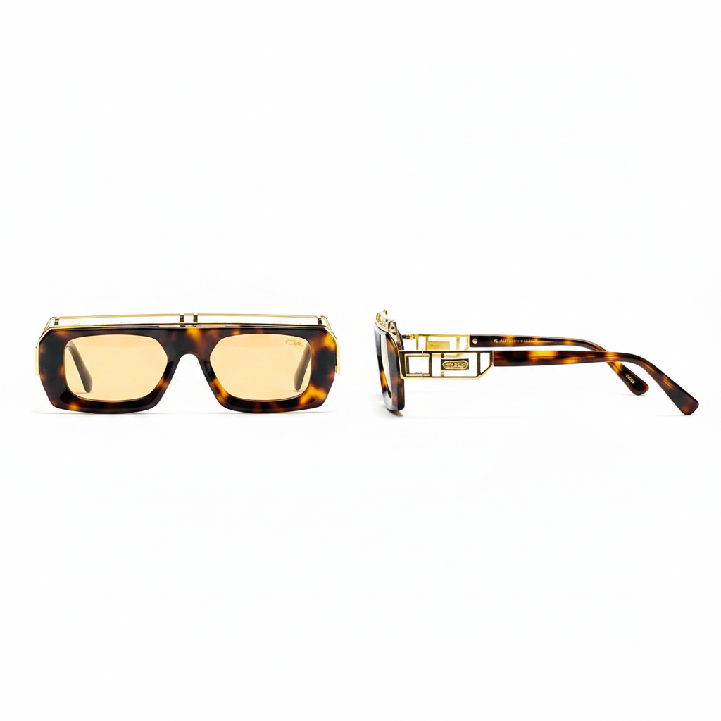 Unisex oversized flat-top sunglasses tortoiseshell acetate frame amber honey lens gold geometric bridge and temple hardware – front and side view