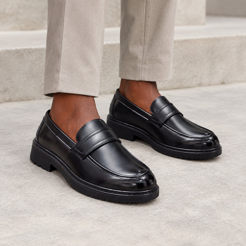 Black model wearing black men's penny loafers with lug sole