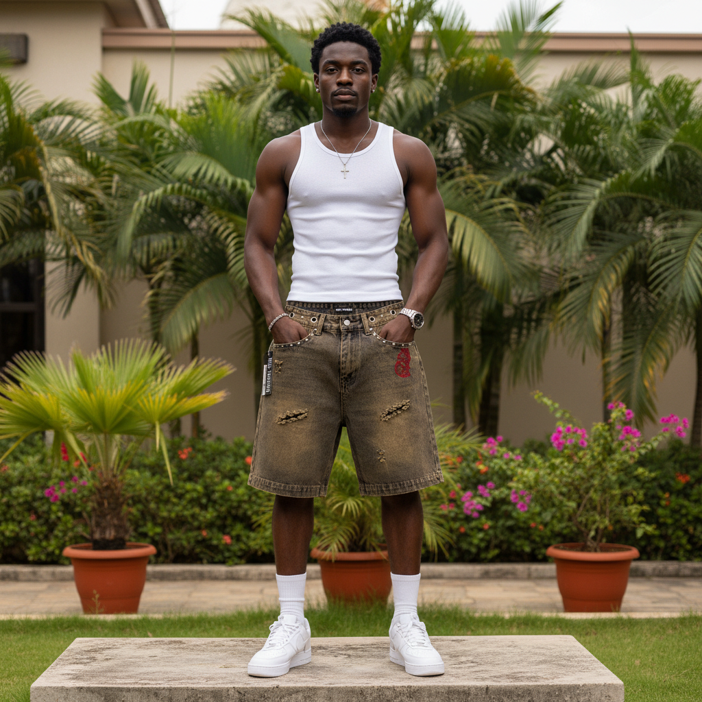 Nigerian male model wearing men's vintage brown studded leopard print denim shorts streetwear style