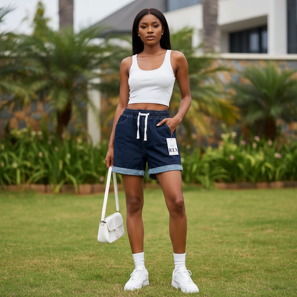 Nigerian female model wearing navy blue drawstring cuffed denim shorts in garden setting