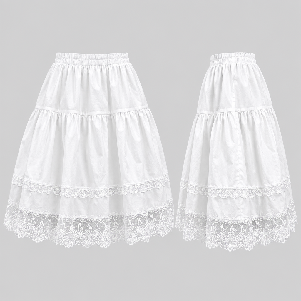 Girls white tiered lace-hem skirt front and side views