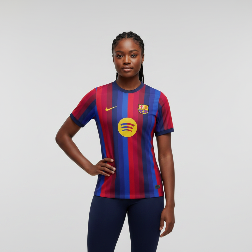 Nigerian female model wearing FC Barcelona home jersey