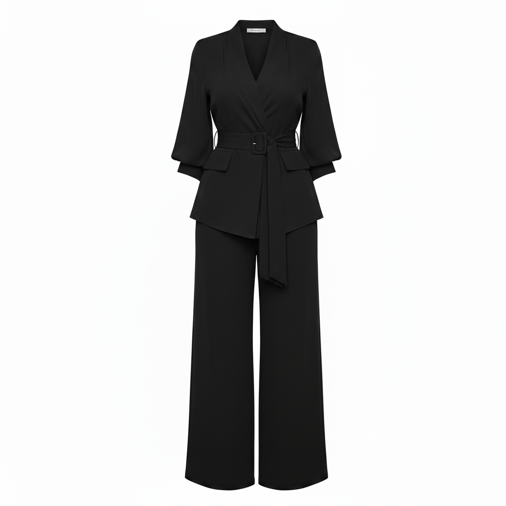Women's black shirt and wide-leg trouser co-ord set – ghost mannequin view