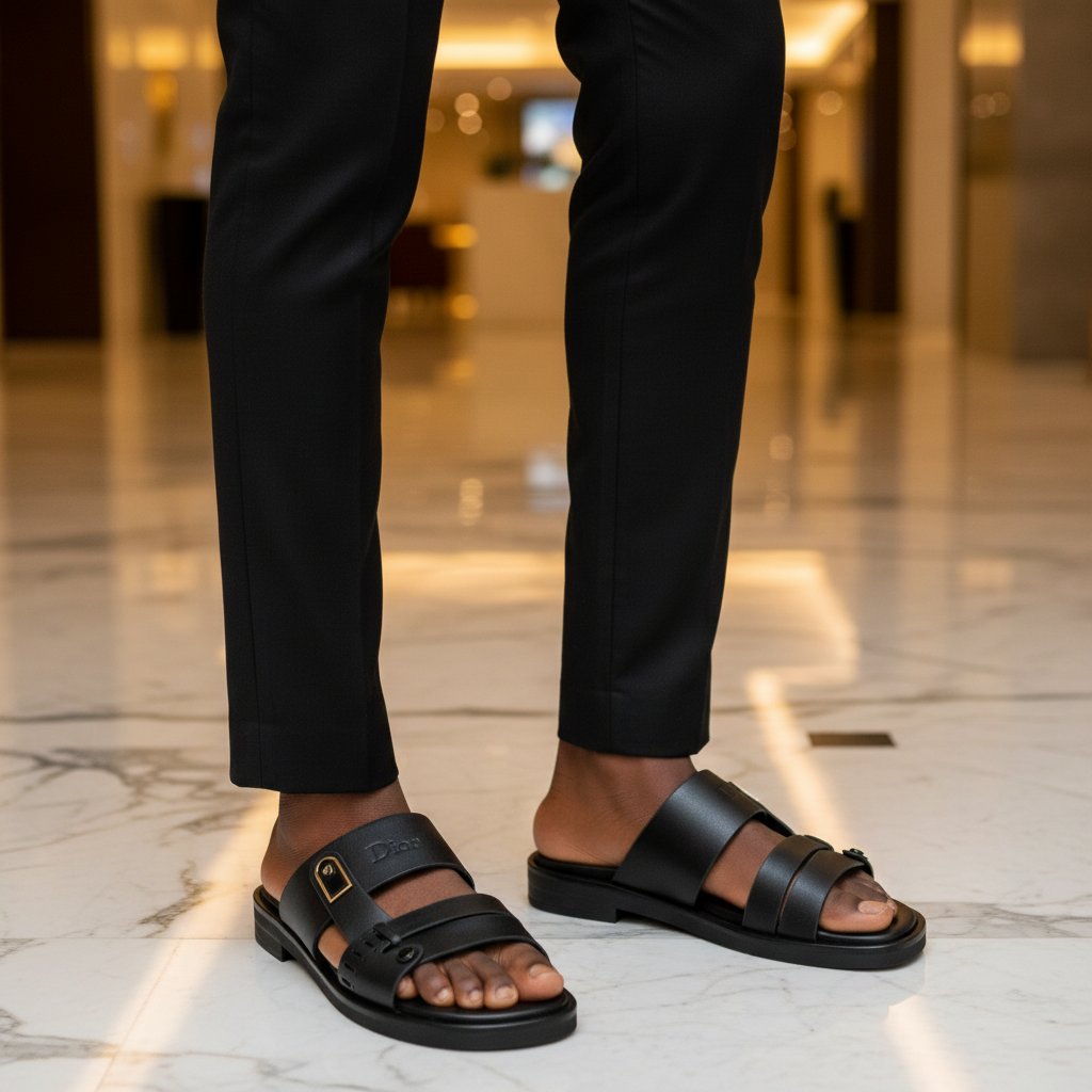 Nigerian male model wearing black leather double-strap gold hardware slide sandals, tight zoomed-in luxury leg focus lifestyle shot