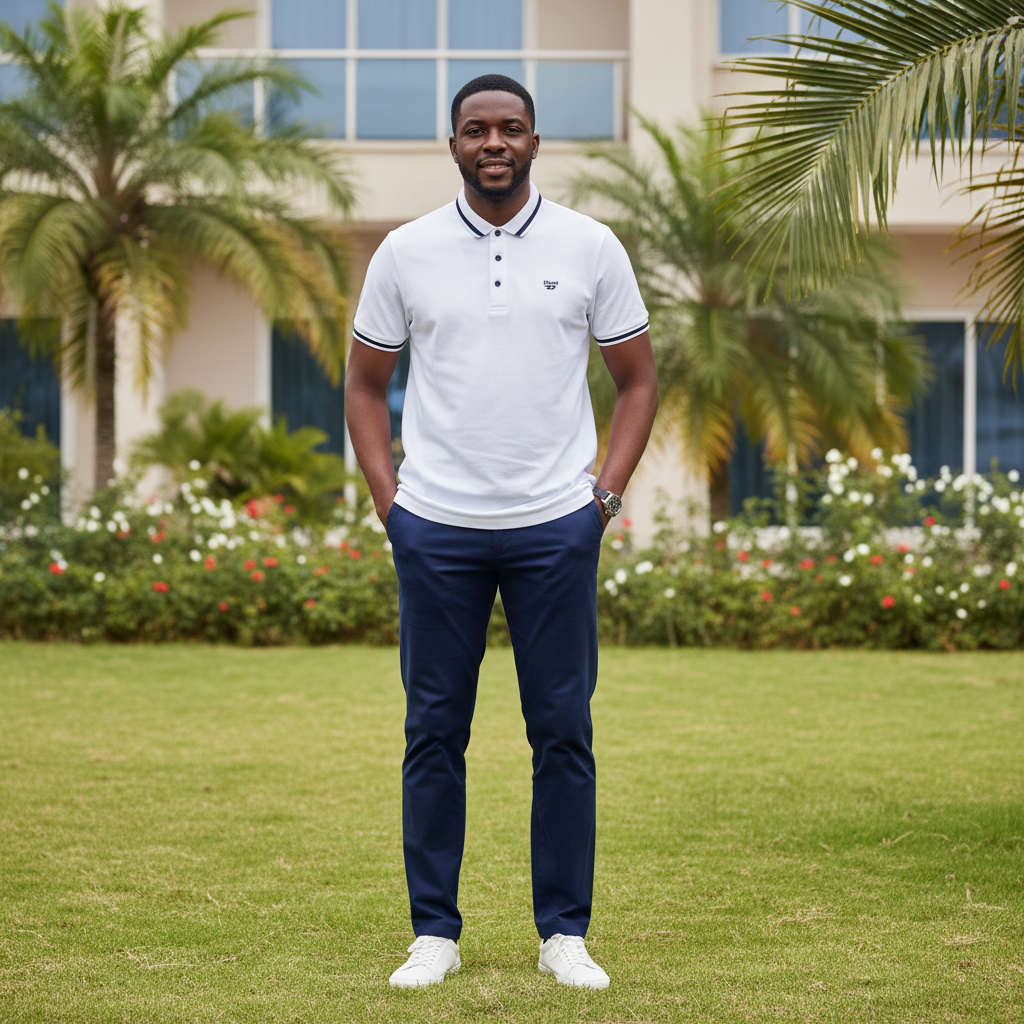 Nigerian male model wearing men's white polo shirt with navy tipping, garden setting
