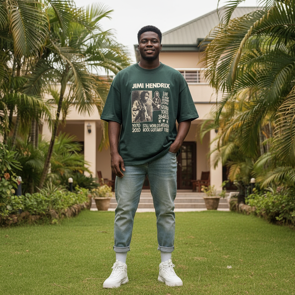 Men's Dark Green Oversized Vintage Concert Graphic Tee – Nigerian Male Model Shot