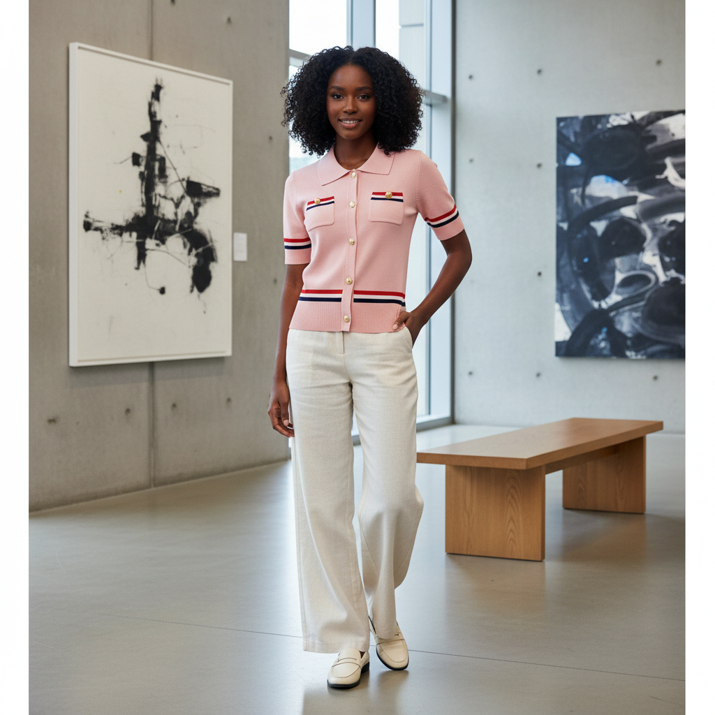 Women's Striped Knit Button-Front Polo Top – Model Shot Pink