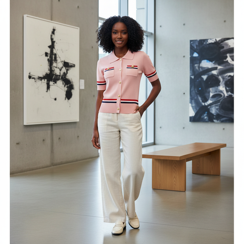 Women's Striped Knit Button-Front Polo Top – Model Shot Pink