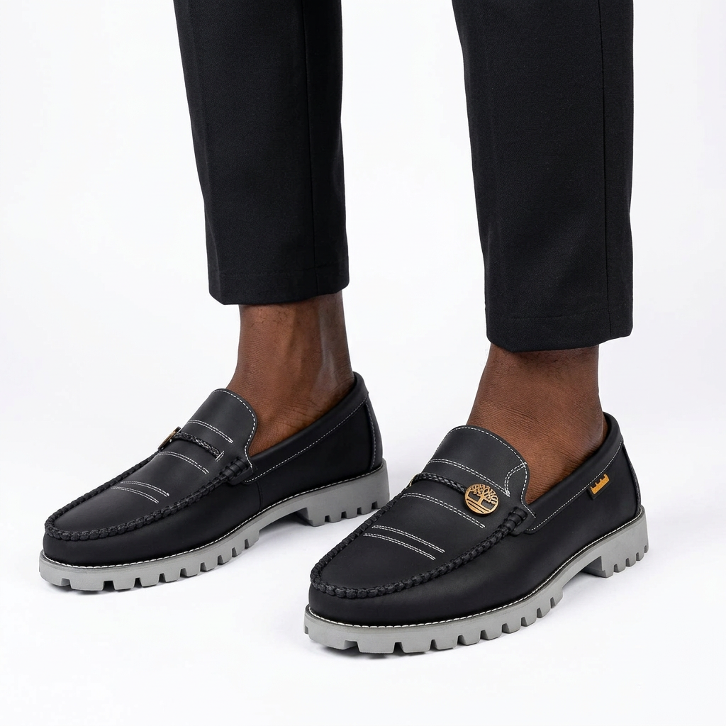Black contrast-stitch emblem loafers worn on both feet by a Black male model on a white studio background