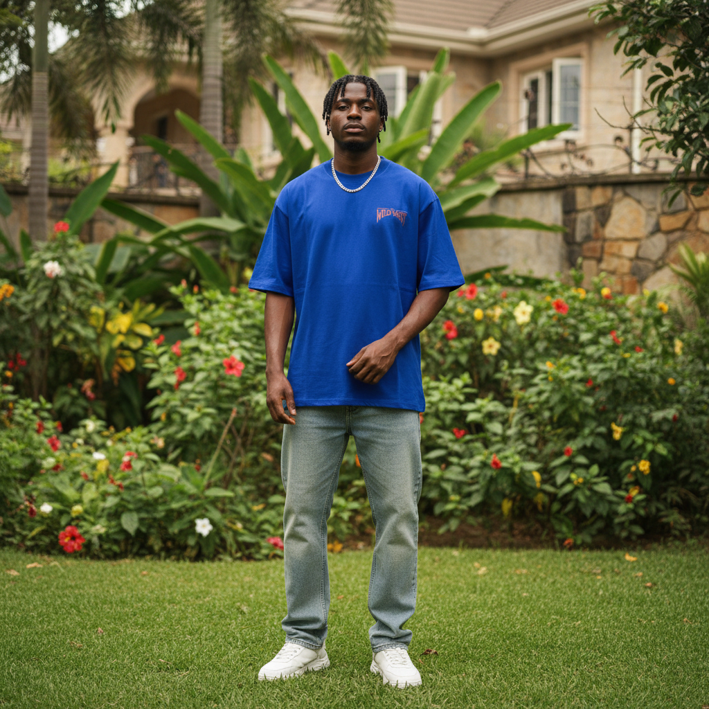 Nigerian male model wearing royal blue wild west graphic oversized tee – front view