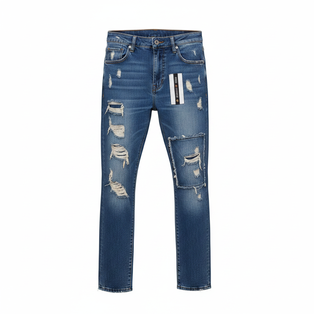 Blue distressed ripped denim jeans on ghost mannequin, white background
