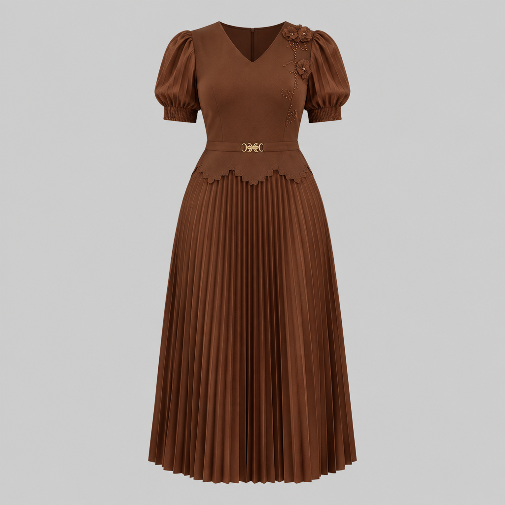 Brown pleated gown on ghost mannequin