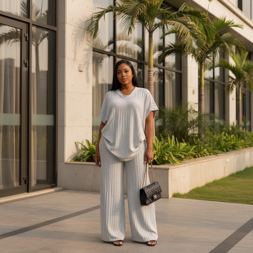 Model wearing silver grey ribbed stripe oversized co-ord set