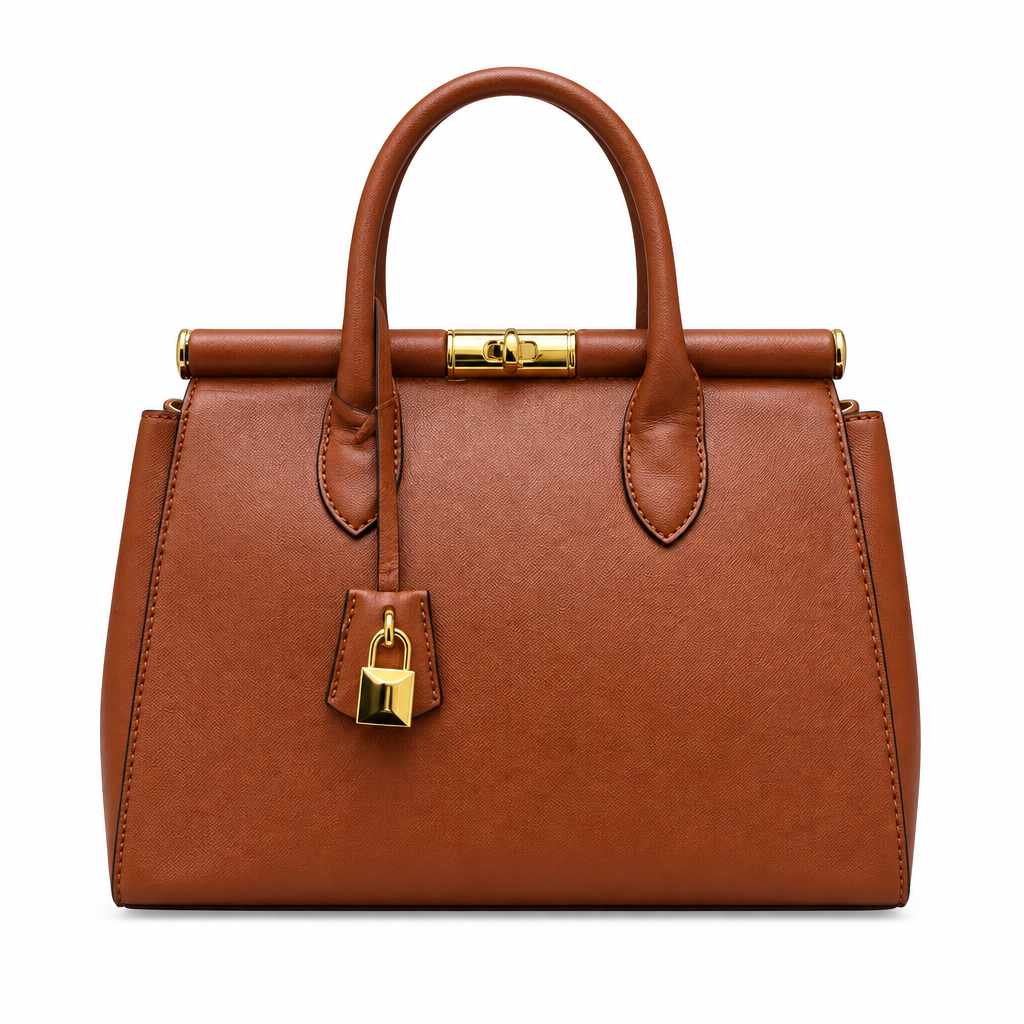 Cognac brown top-handle handbag with gold-tone clasp and hanging padlock