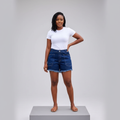Dark Blue High-Waist Frayed Denim Shorts – Front Model