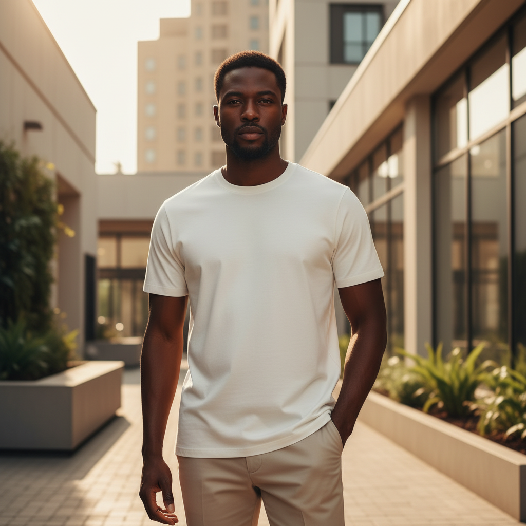 Plain Off-White Tee front view on Nigerian male model