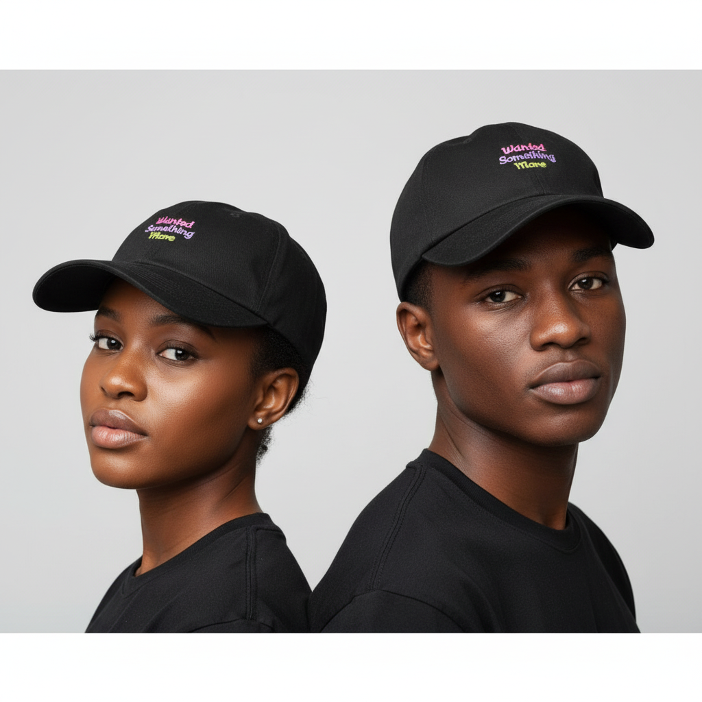 Nigerian female and male models wearing black dad cap with multicolour Wanted Something More embroidery