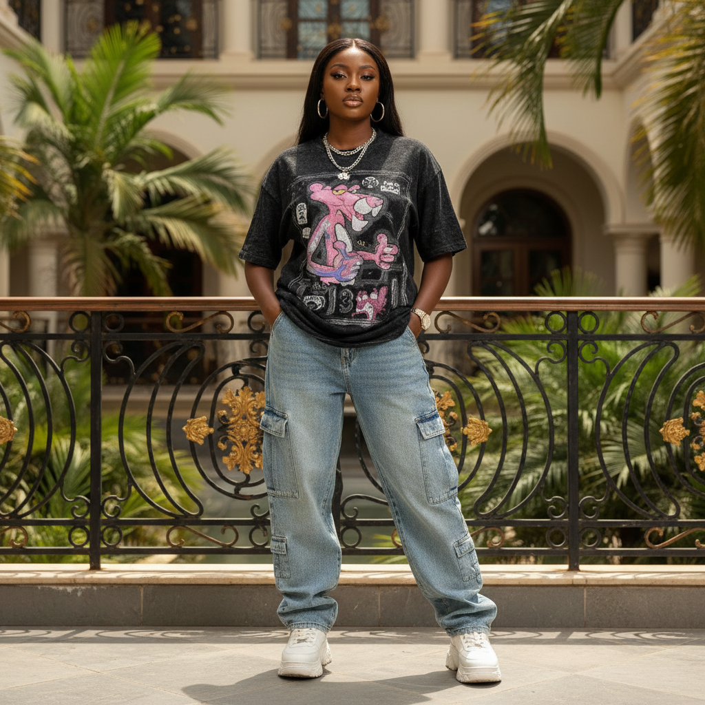 Women's Washed Black Anime Gothic Tee — Model Shot