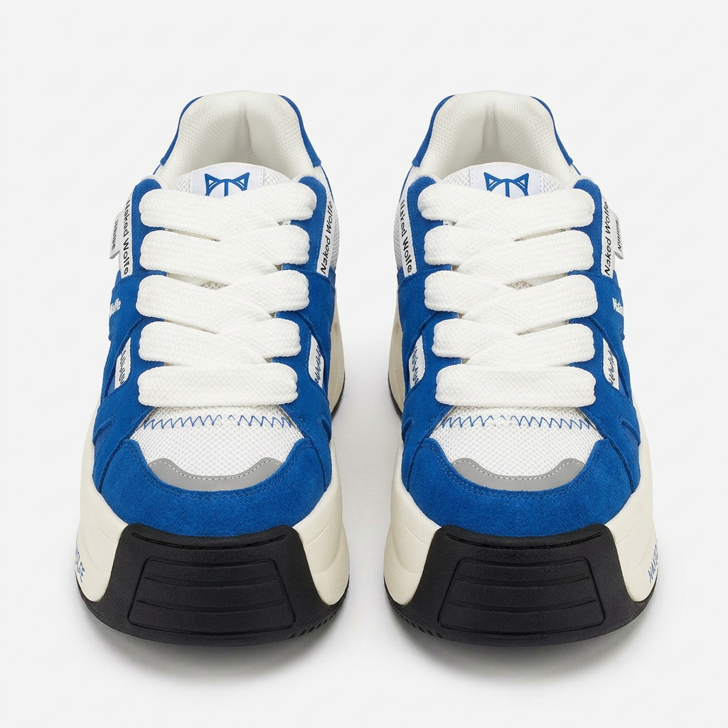 Front view of royal blue chunky sneakers with wide white laces and black toe bumpers