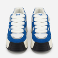 Front view of royal blue chunky sneakers with wide white laces and black toe bumpers