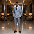 Light Grey Double-Breasted Suit with Navy Tie â€“ Nigerian Model