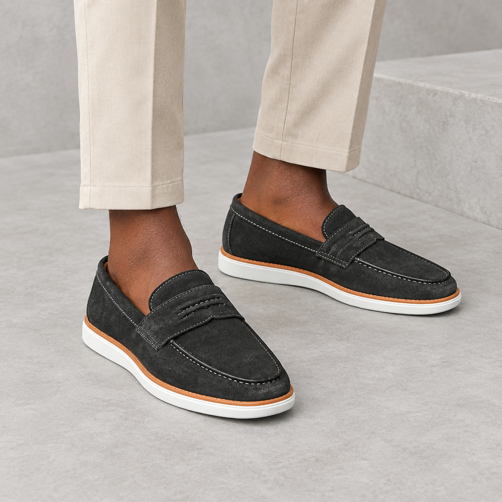 Dark charcoal suede loafers worn by a model, shown from the legs down