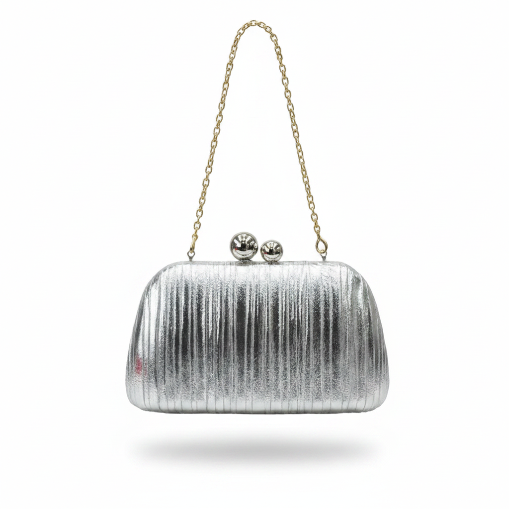Enemuo Ribbed Velvet Ball-Clasp Box Clutch in Silver – ghost mannequin on white background