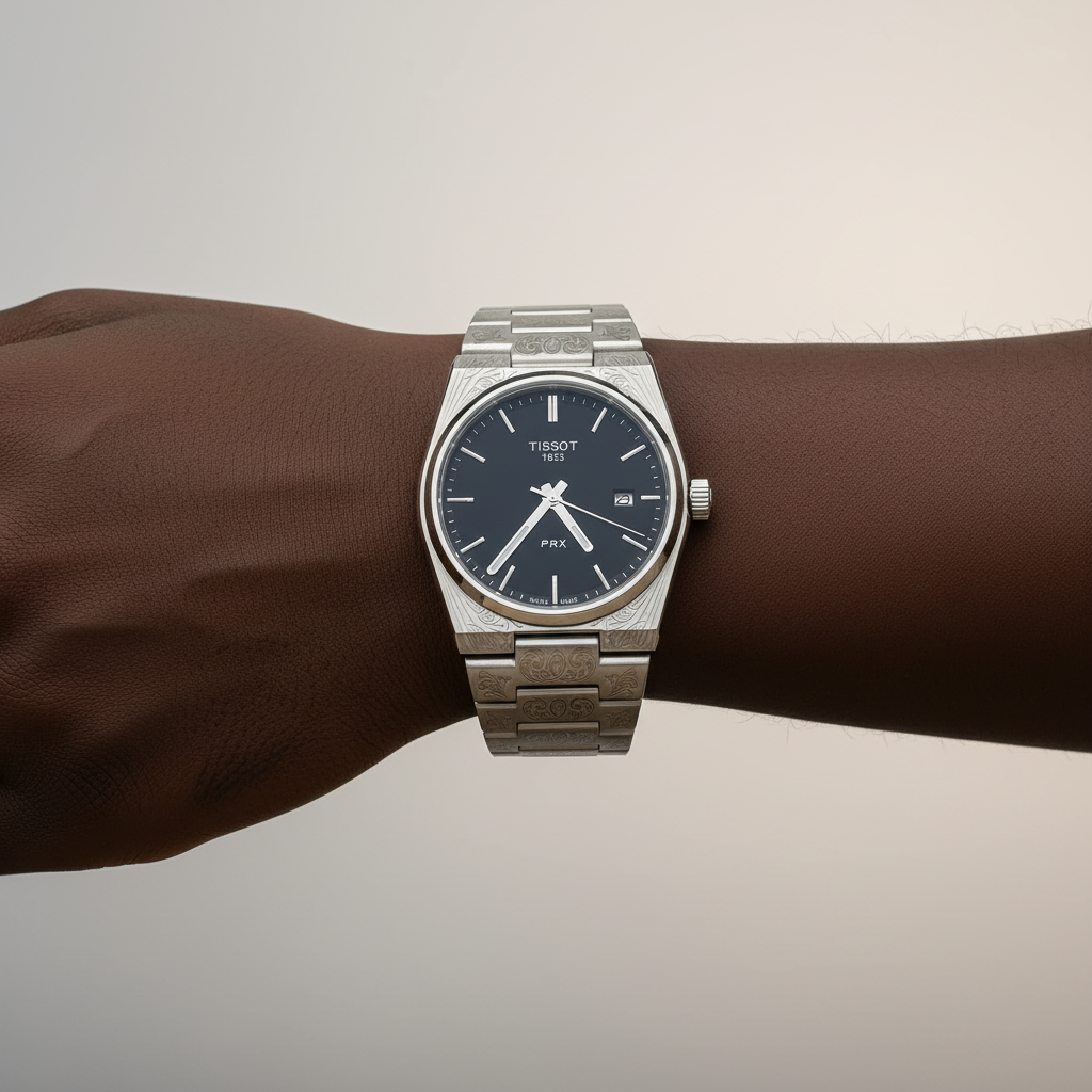 Nigerian male wrist wearing silver engraved black dial dress watch