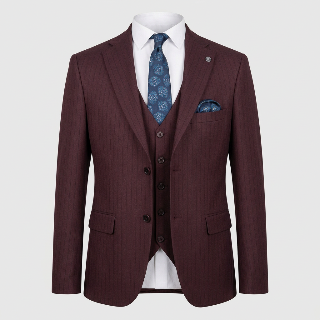 Burgundy suit jacket and waistcoat in ghost mannequin styling