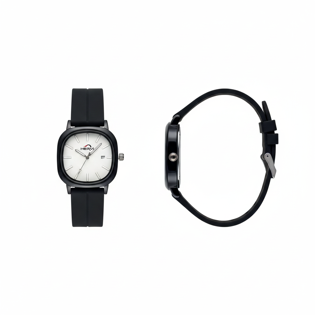 Full white dial black strap square watch shown from the front and side on a white background