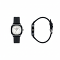 Full white dial black strap square watch shown from the front and side on a white background