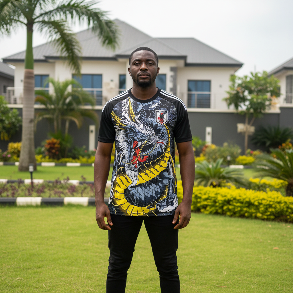 Black dragon graphic football jersey on Nigerian male model