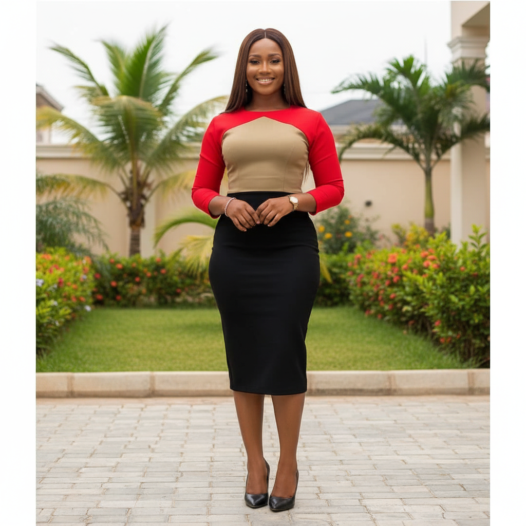 Nigerian female model wearing women's red camel and black three-tone colorblock bodycon midi dress