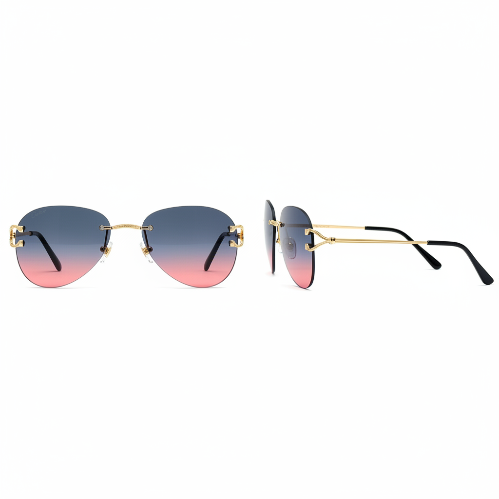 Unisex rimless aviator sunglasses with gold engraved bridge and blue-grey to red gradient lenses – front and side ghost mannequin view on white background