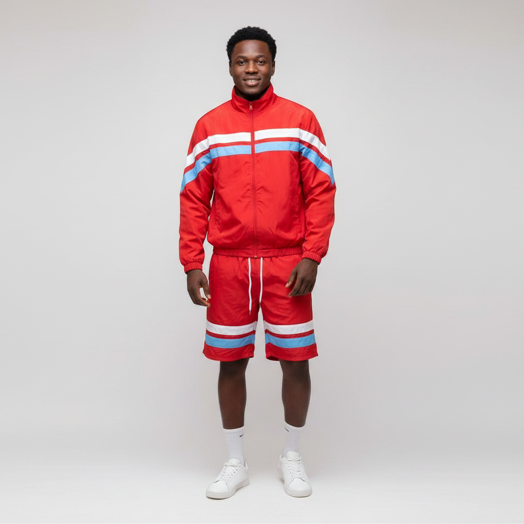 Model wearing the red jacket and shorts set with white and blue stripes